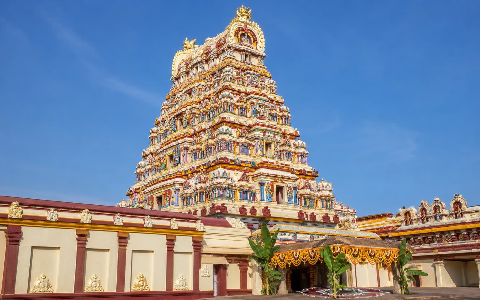 Temple gopuram restored — freshly painted with festive decorations